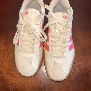 Adidas Women's White and Pink Striped Sneakers